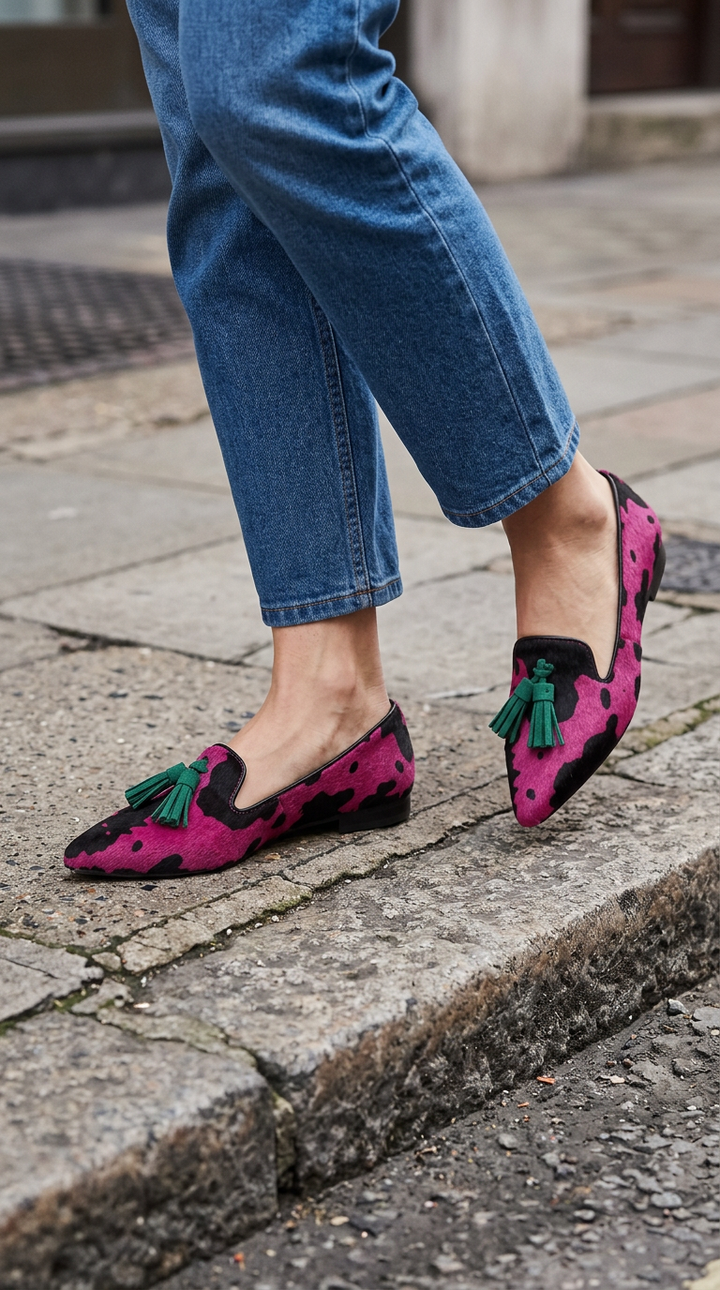 Ginevra Fuchsia Cow-Print Loafers with Green Tassels