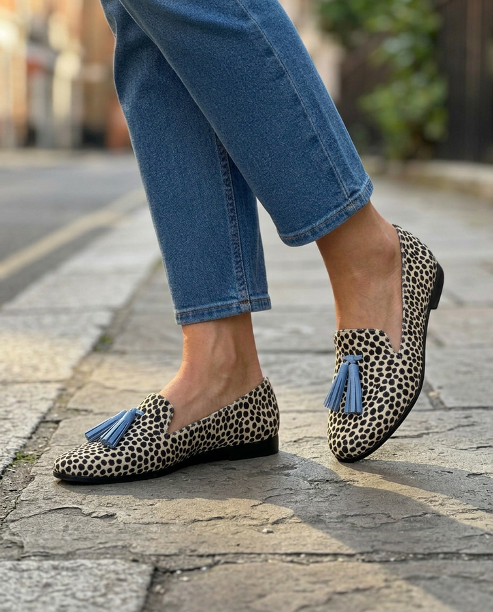 Nadia Black & White Leopard Loafers with Blue Tassels