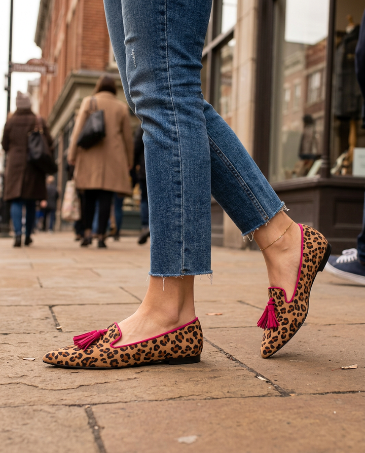 Ginevra Suede-Effect Leopard Loafers with Fuchsia Tassels