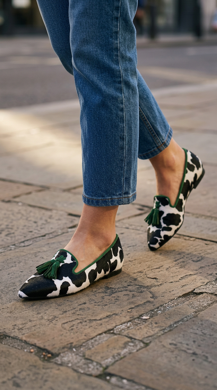 Ginevra Black & White Cow-Print Loafers with Green Tassels