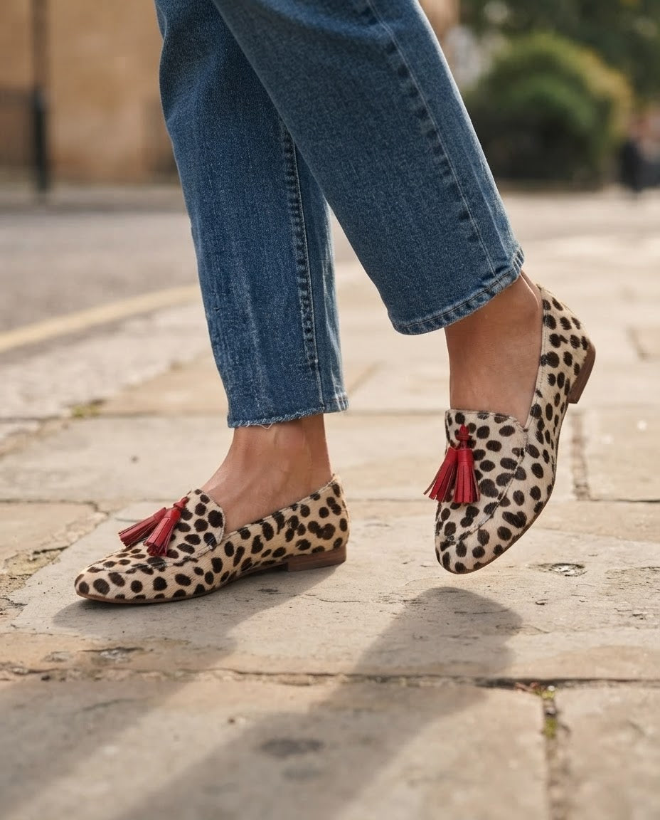 Aurora Cream Polka-Dot Loafers with Red Tassels