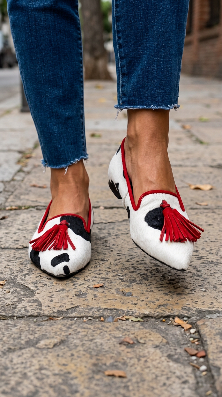 Ginevra Black & White Cow-Print Loafers with Red Tassels