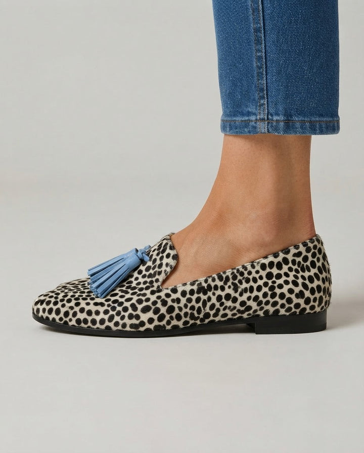 Nadia Black & White Leopard Loafers with Blue Tassels
