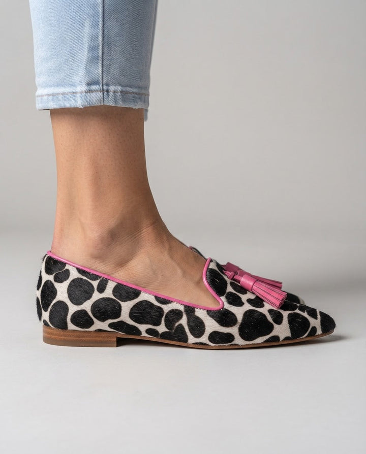 Ginevra Black & White Cow-Print Loafers with Pink Tassels