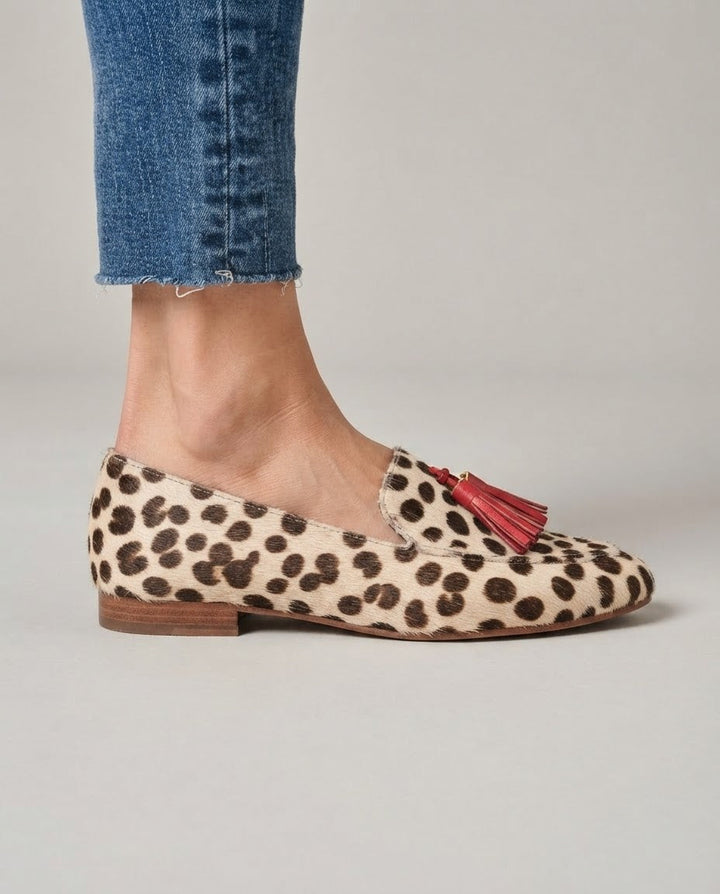 Aurora Cream Polka-Dot Loafers with Red Tassels