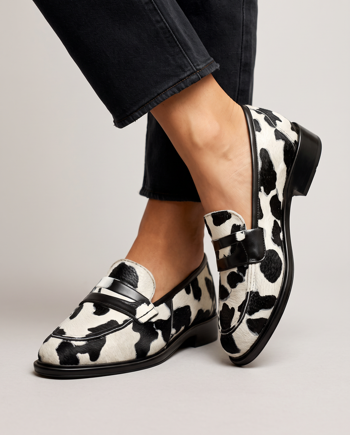 Nives Cow-Print Penny Loafers