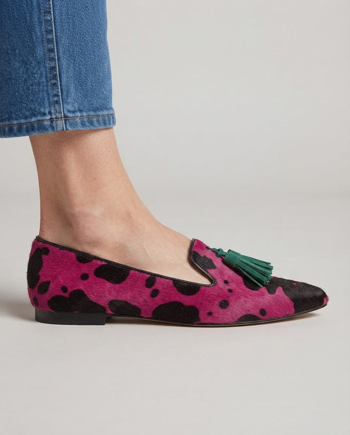 Ginevra Fuchsia Cow-Print Loafers with Green Tassels