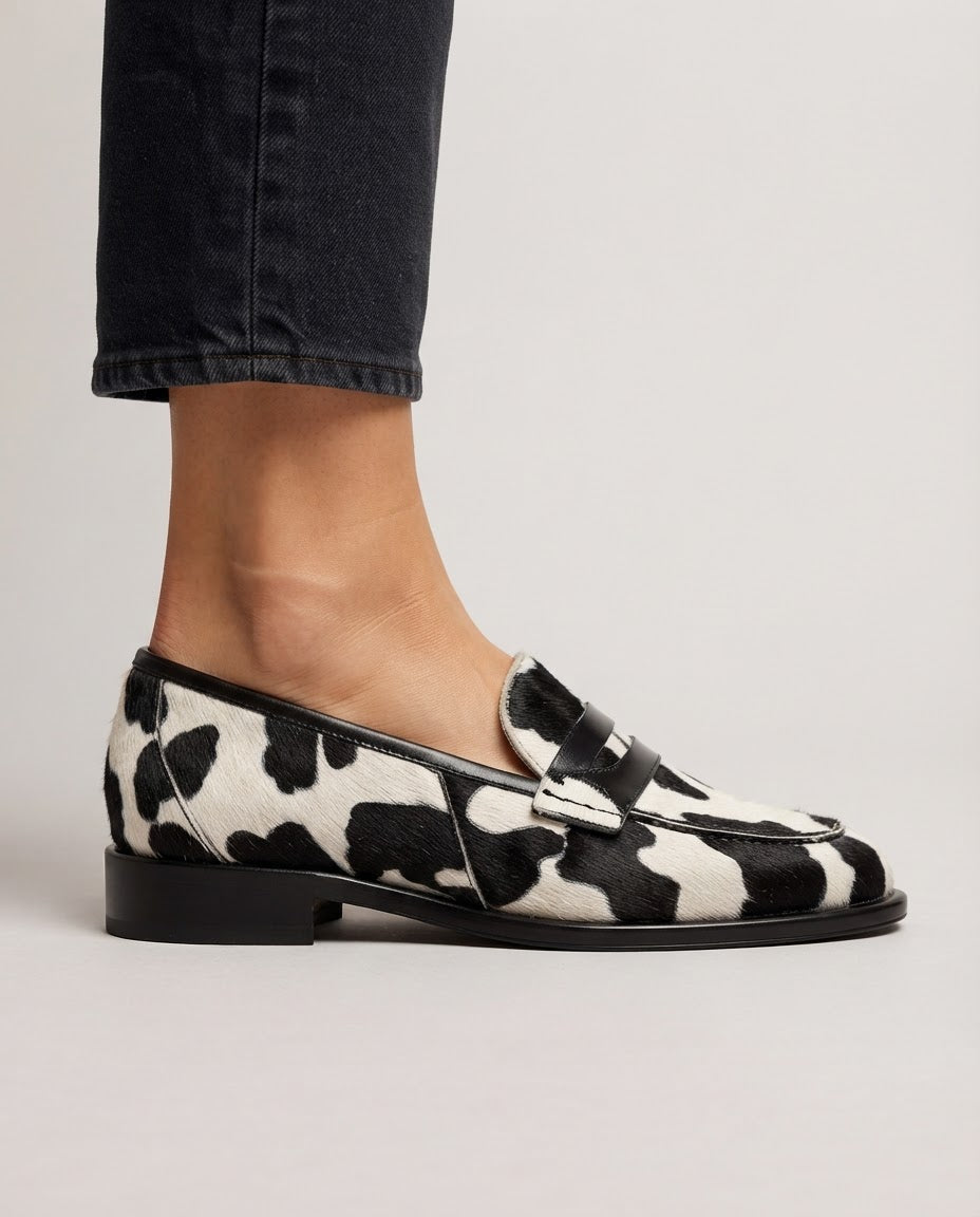 Nives Cow-Print Penny Loafers