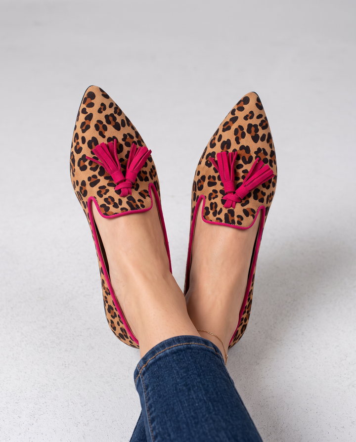 Ginevra Suede-Effect Leopard Loafers with Fuchsia Tassels