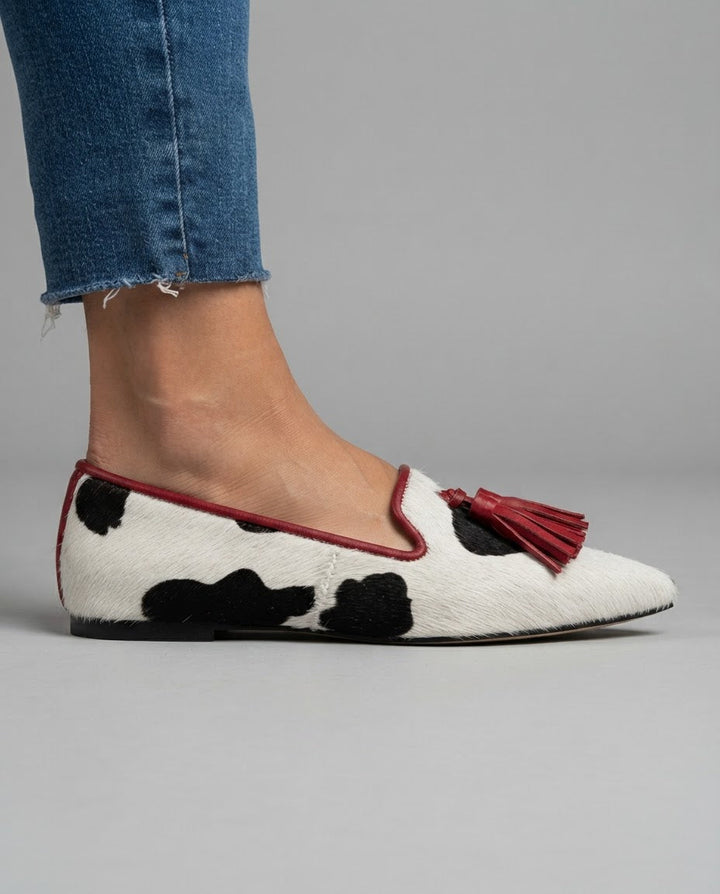 Ginevra Black & White Cow-Print Loafers with Red Tassels