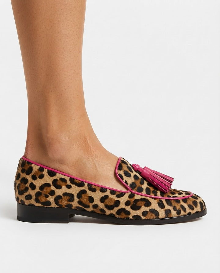 Fiamma Leopard Loafers with Fuchsia Trim & Tassels