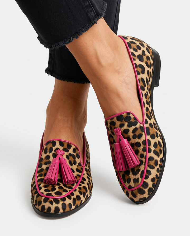 Fiamma Leopard Loafers with Fuchsia Trim & Tassels