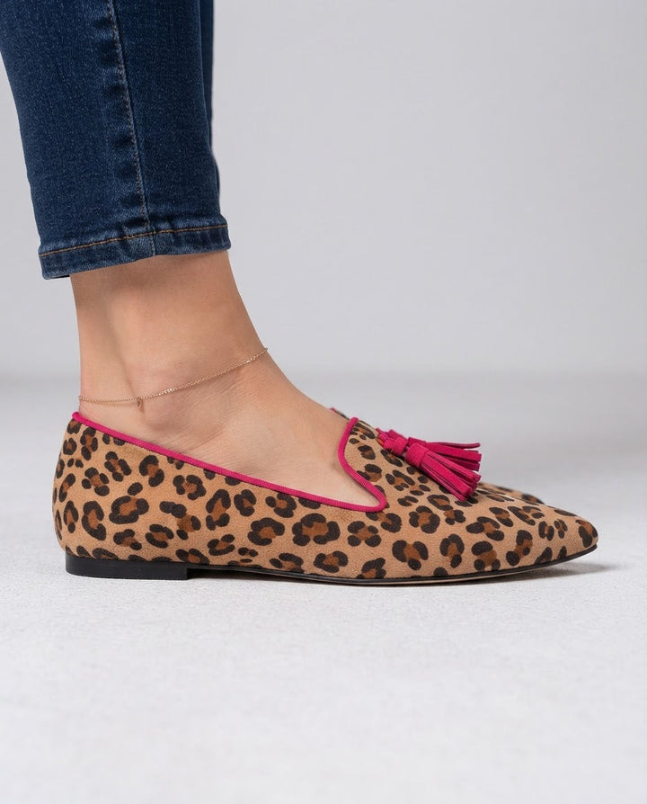 Ginevra Suede-Effect Leopard Loafers with Fuchsia Tassels
