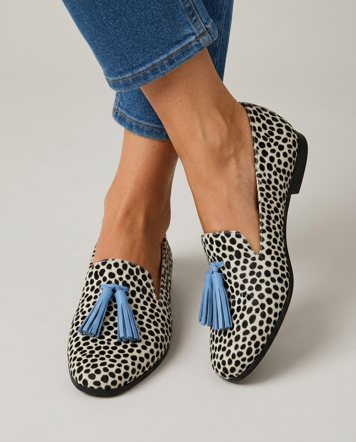 Nadia Black & White Leopard Loafers with Blue Tassels