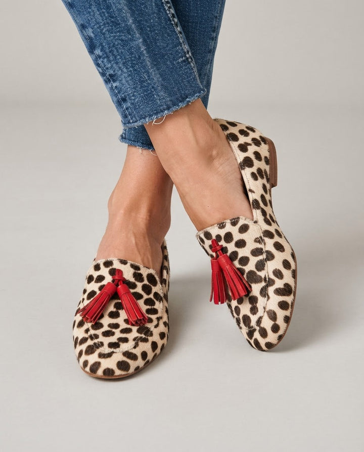 Aurora Cream Polka-Dot Loafers with Red Tassels