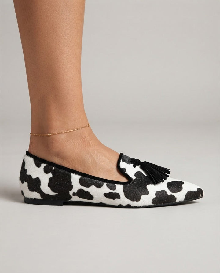 Ginevra Black & White Cow-Print Loafers with Black Tassels