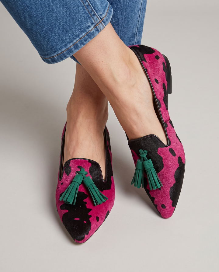 Ginevra Fuchsia Cow-Print Loafers with Green Tassels