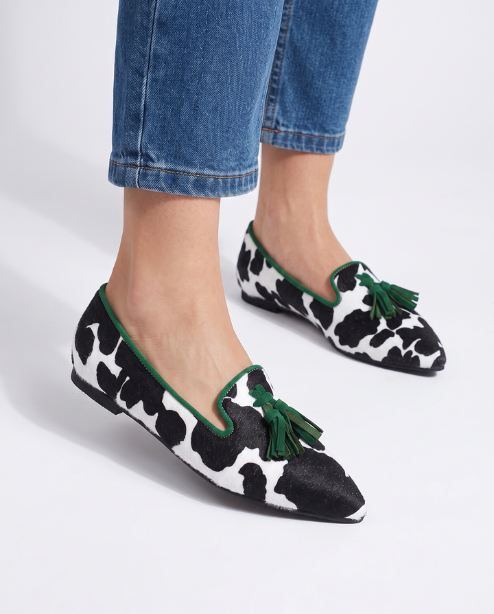 Ginevra Black & White Cow-Print Loafers with Green Tassels