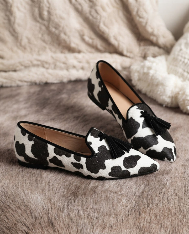 Ginevra Black & White Cow-Print Loafers with Black Tassels