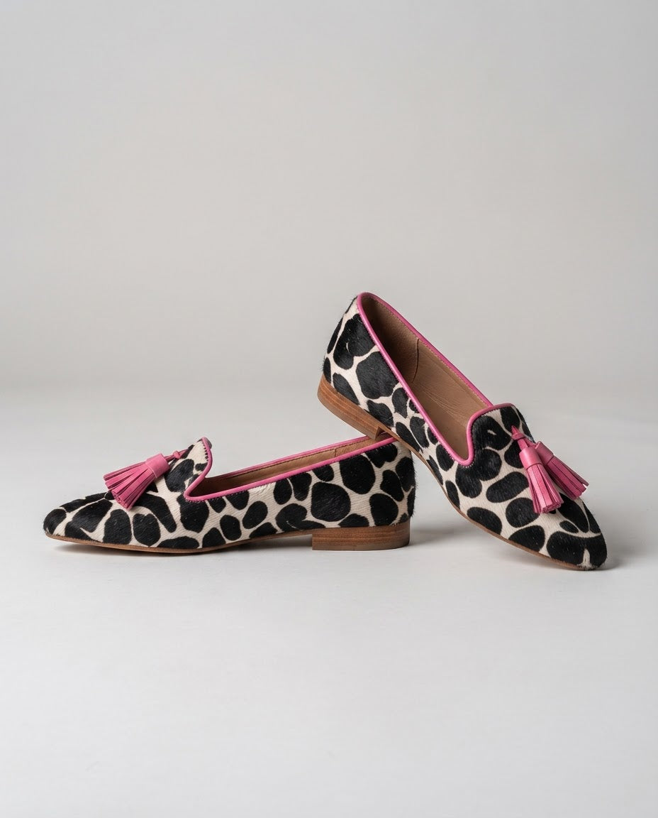 Ginevra Black & White Cow-Print Loafers with Pink Tassels