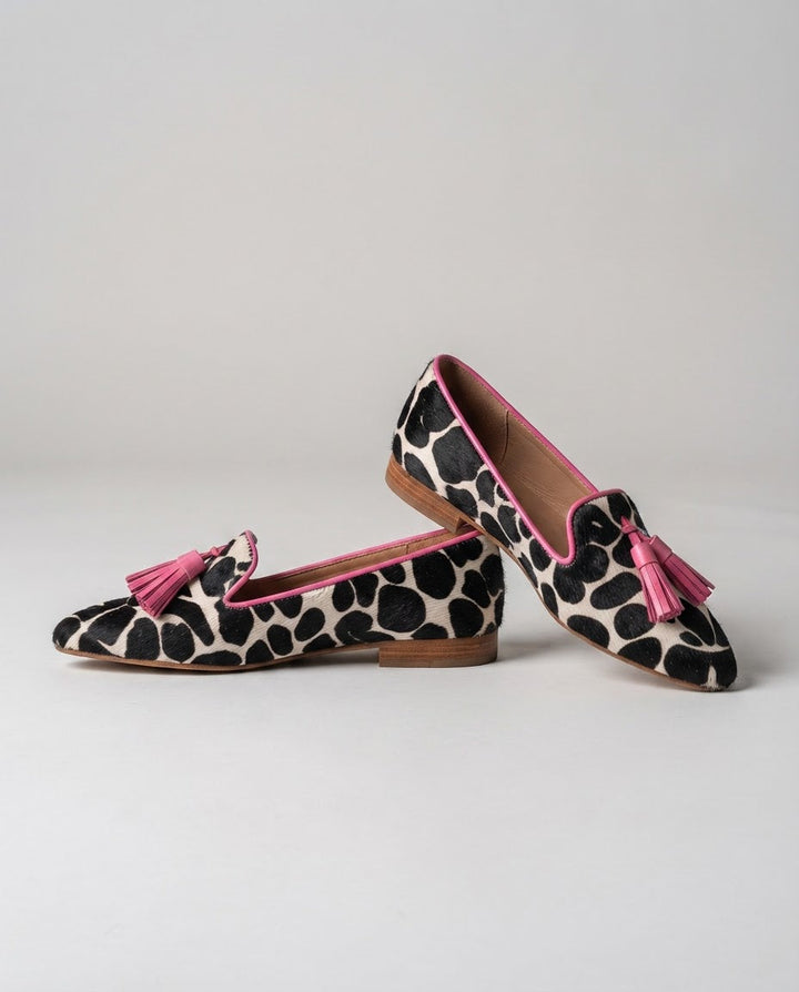 Ginevra Black & White Cow-Print Loafers with Pink Tassels