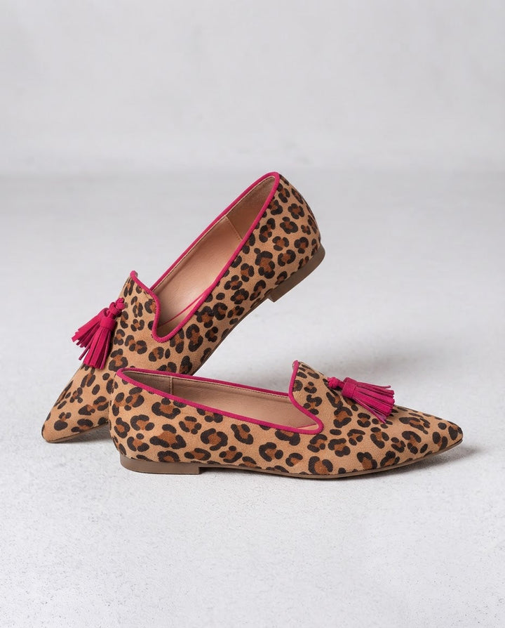 Ginevra Suede-Effect Leopard Loafers with Fuchsia Tassels