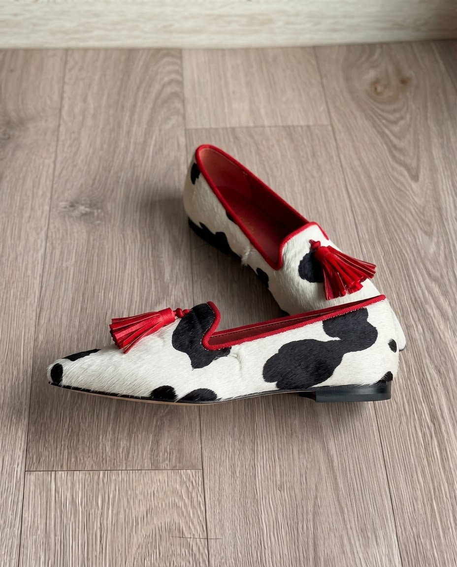 Ginevra Black & White Cow-Print Loafers with Red Tassels