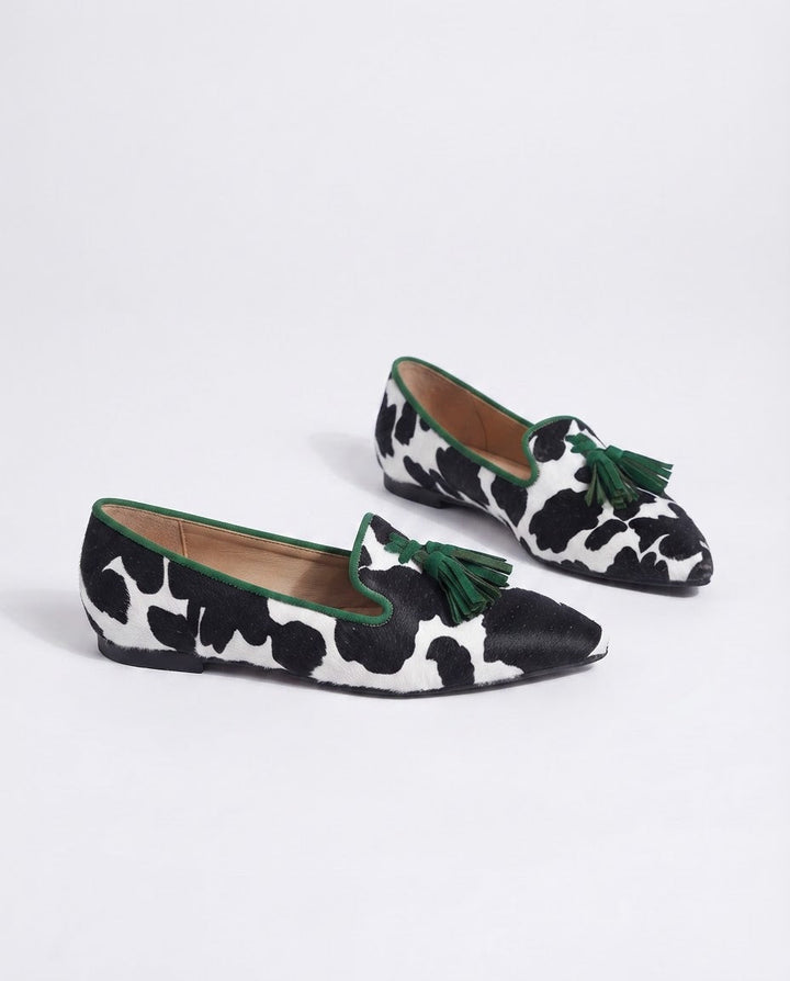 Ginevra Black & White Cow-Print Loafers with Green Tassels