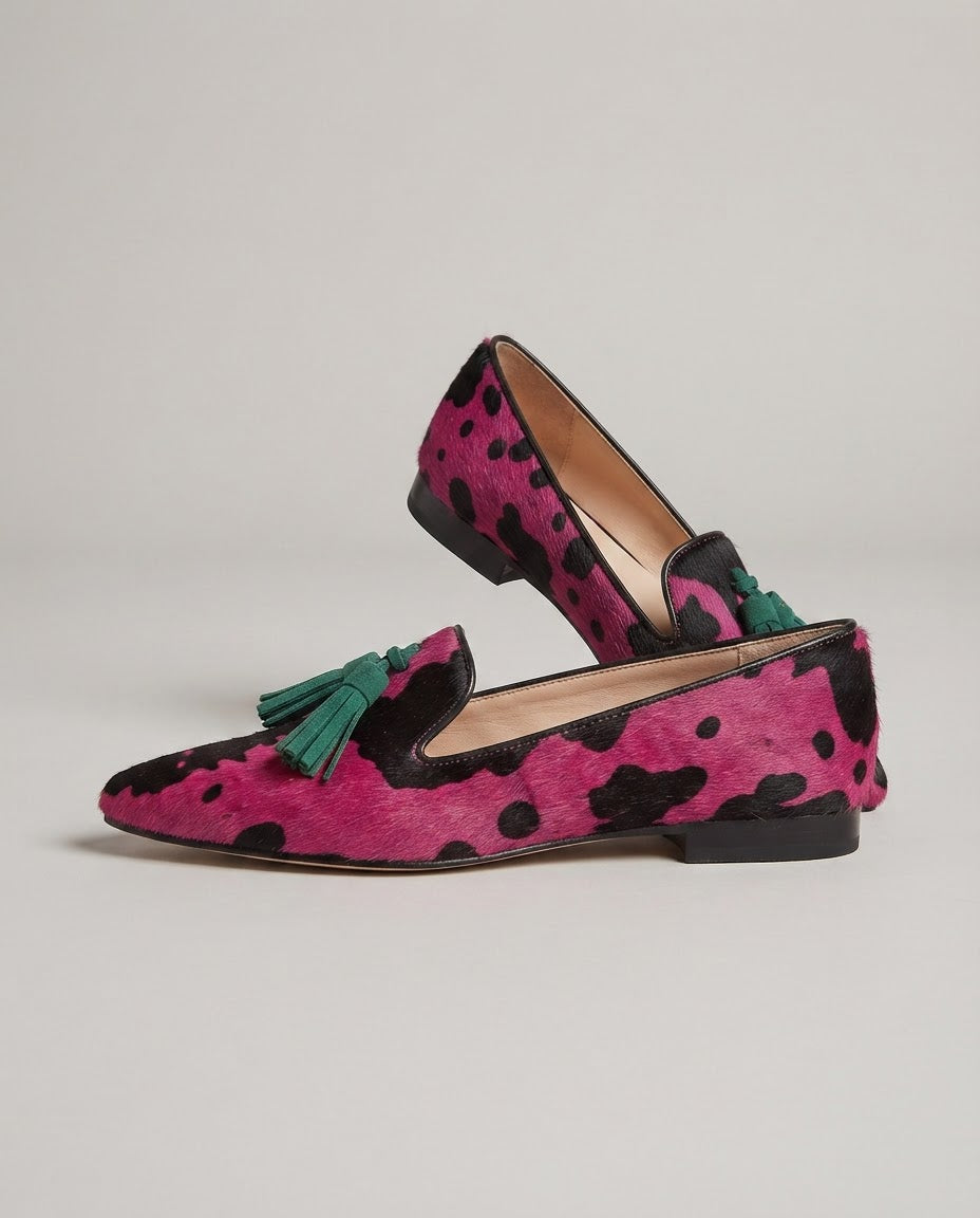 Ginevra Fuchsia Cow-Print Loafers with Green Tassels