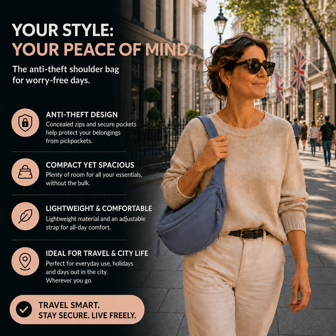 Mara blue shoulder bag anti-theft features infographic