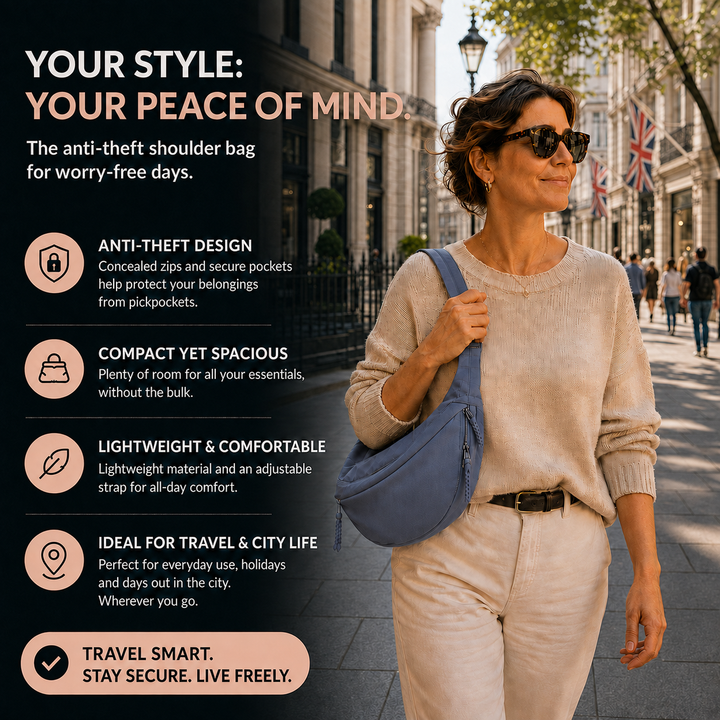 Mara blue shoulder bag anti-theft features infographic