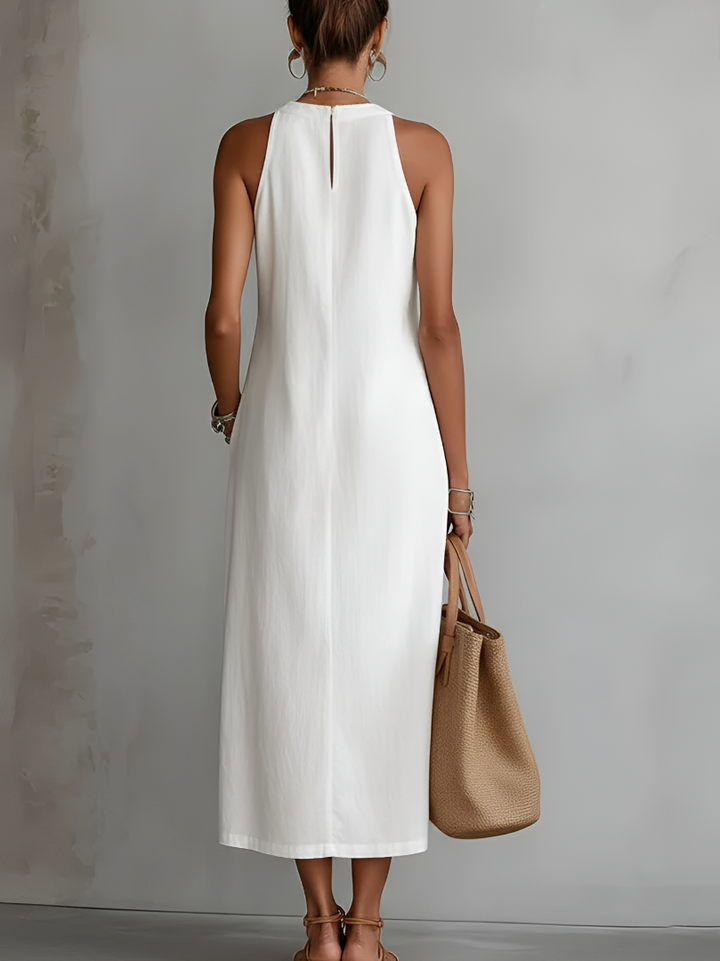 Tatiana | Linen Midi Dress with Mandarin Collar