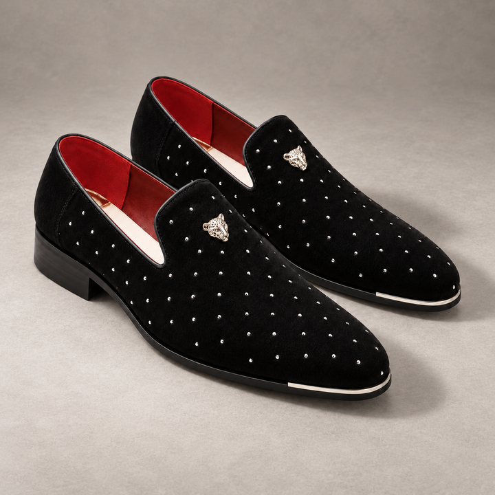 Raffaele | Studded Occasion Loafers – men's loafer in a refined shadow stone studio setting