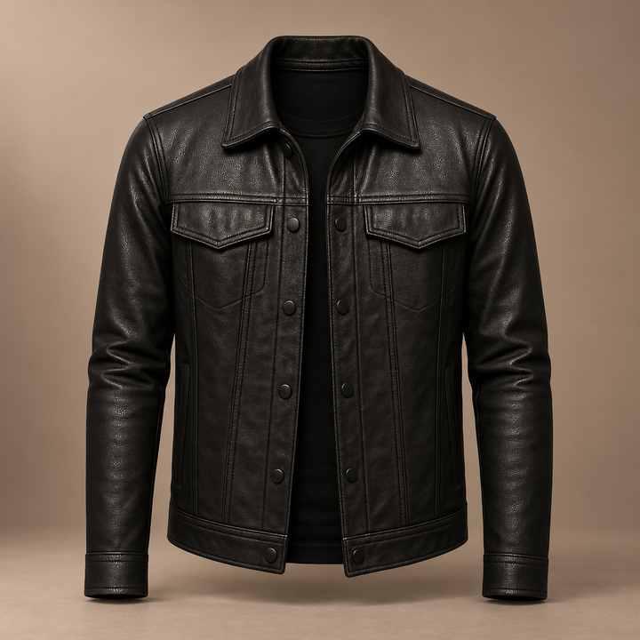 Camden Genuine Leather Jacket in black, photographed in a warm taupe studio