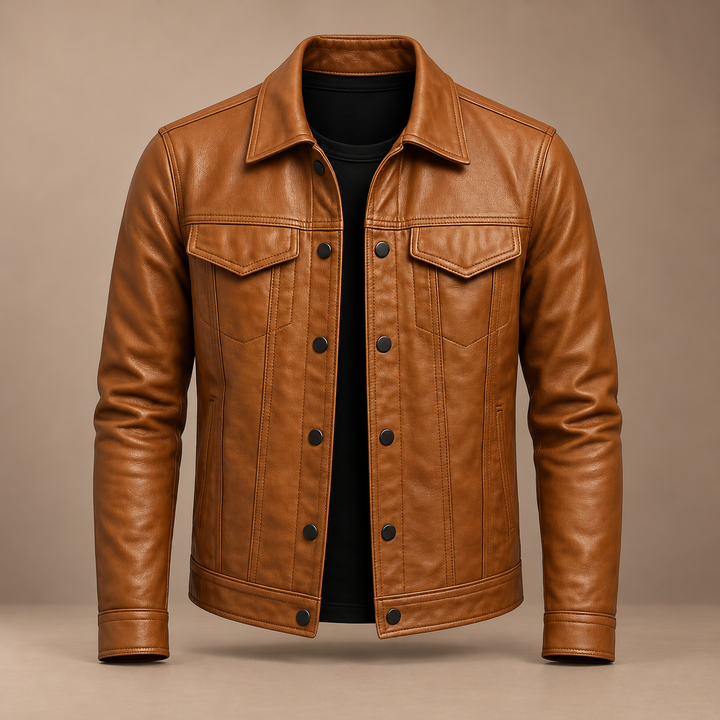 Camden Genuine Leather Jacket in brown, photographed in a warm taupe studio