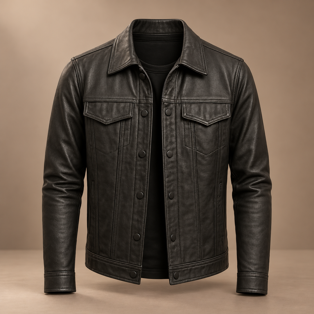 Camden Genuine Leather Jacket in grey, photographed in a warm taupe studio