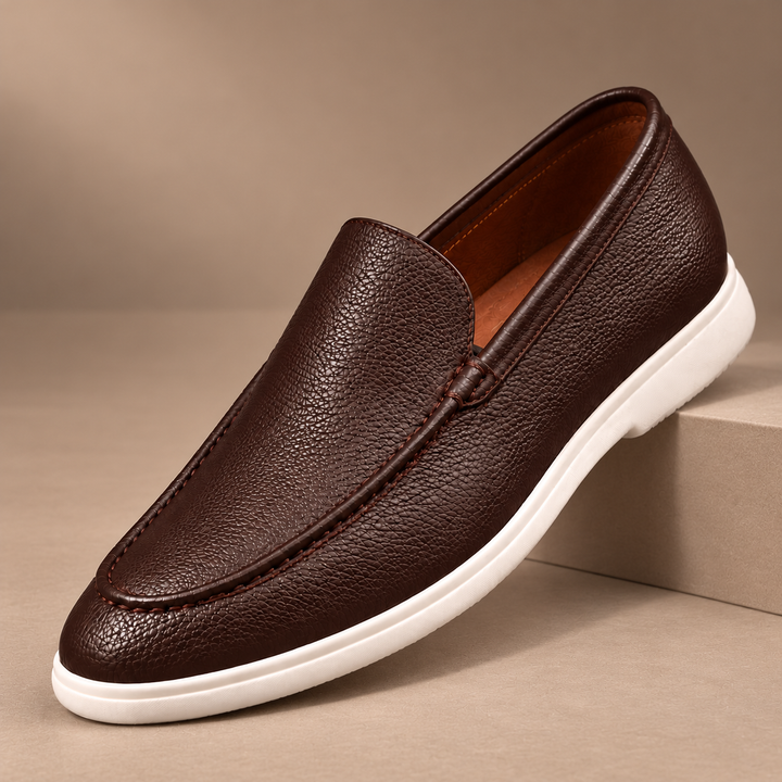 Gianni Genuine Pebbled Leather Loafers in espresso, photographed in a warm taupe studio
