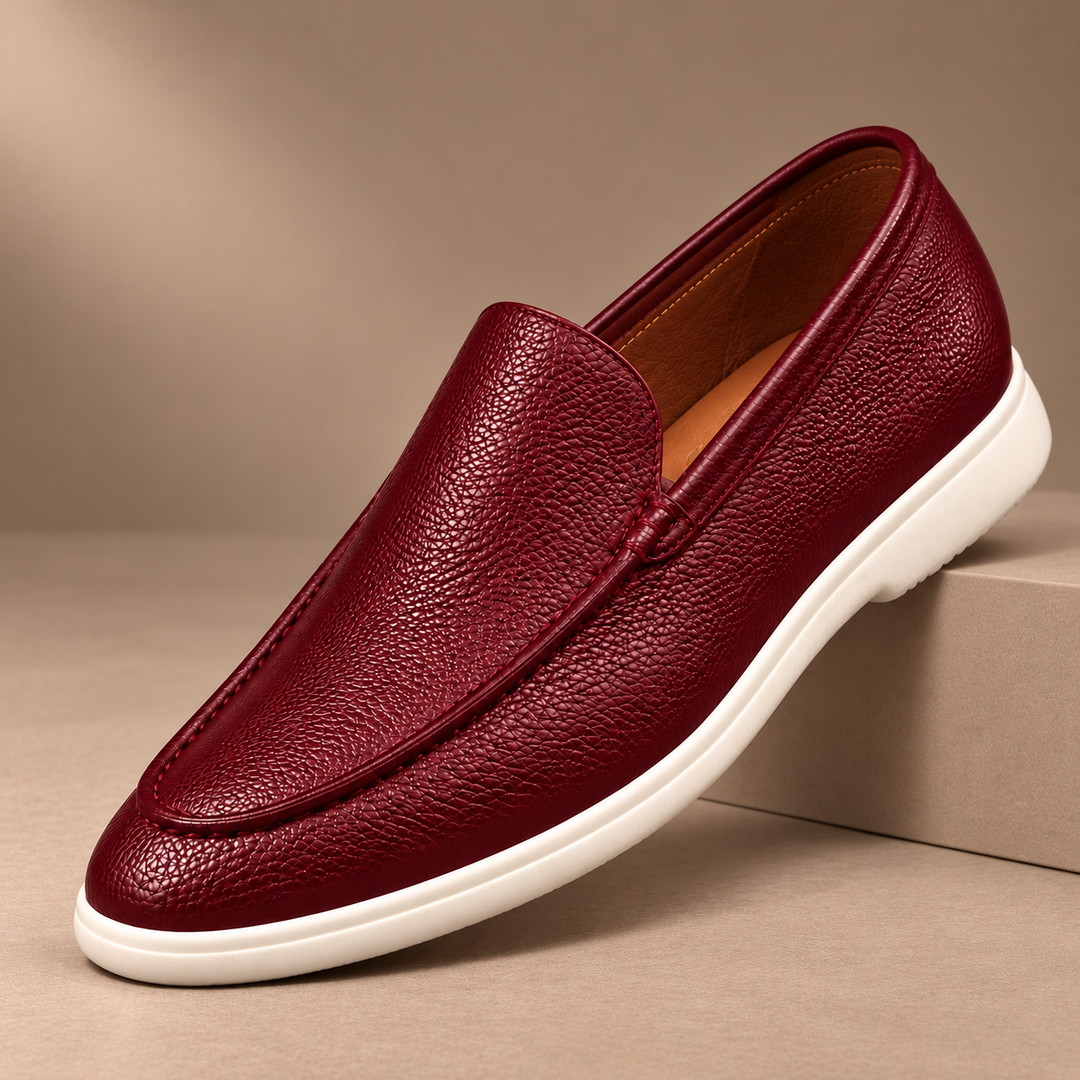Gianni Genuine Pebbled Leather Loafers in burgundy, photographed in a warm taupe studio