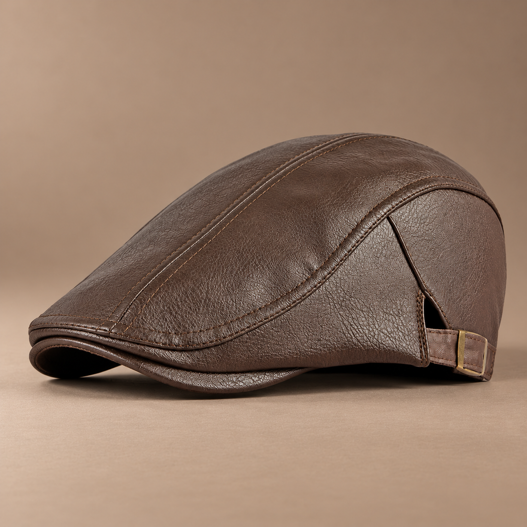 Heritage Leather Driving Cap in tobacco brown, photographed in a warm taupe studio