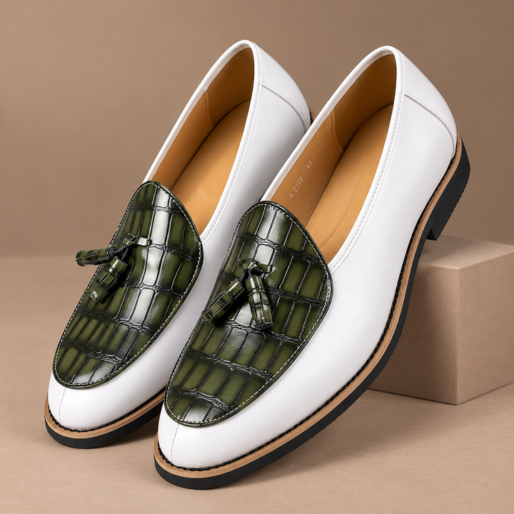 Genuine Leather Tassel Loafers in white, photographed in a warm taupe studio