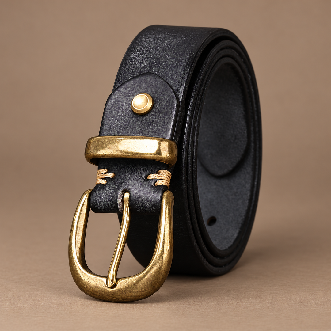 Giovanni Genuine Leather Brass-Buckle Belt in black, photographed in a warm taupe studio