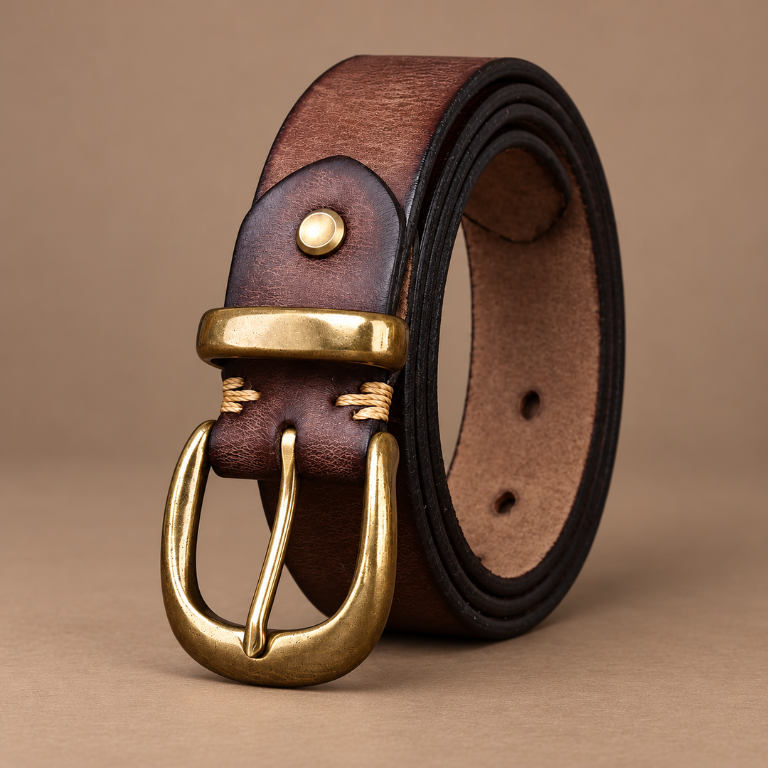 Giovanni Genuine Leather Brass-Buckle Belt in dark coffee, photographed in a warm taupe studio