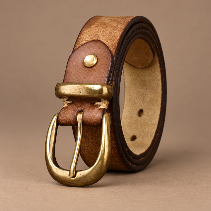 Giovanni Genuine Leather Brass-Buckle Belt in khaki, photographed in a warm taupe studio