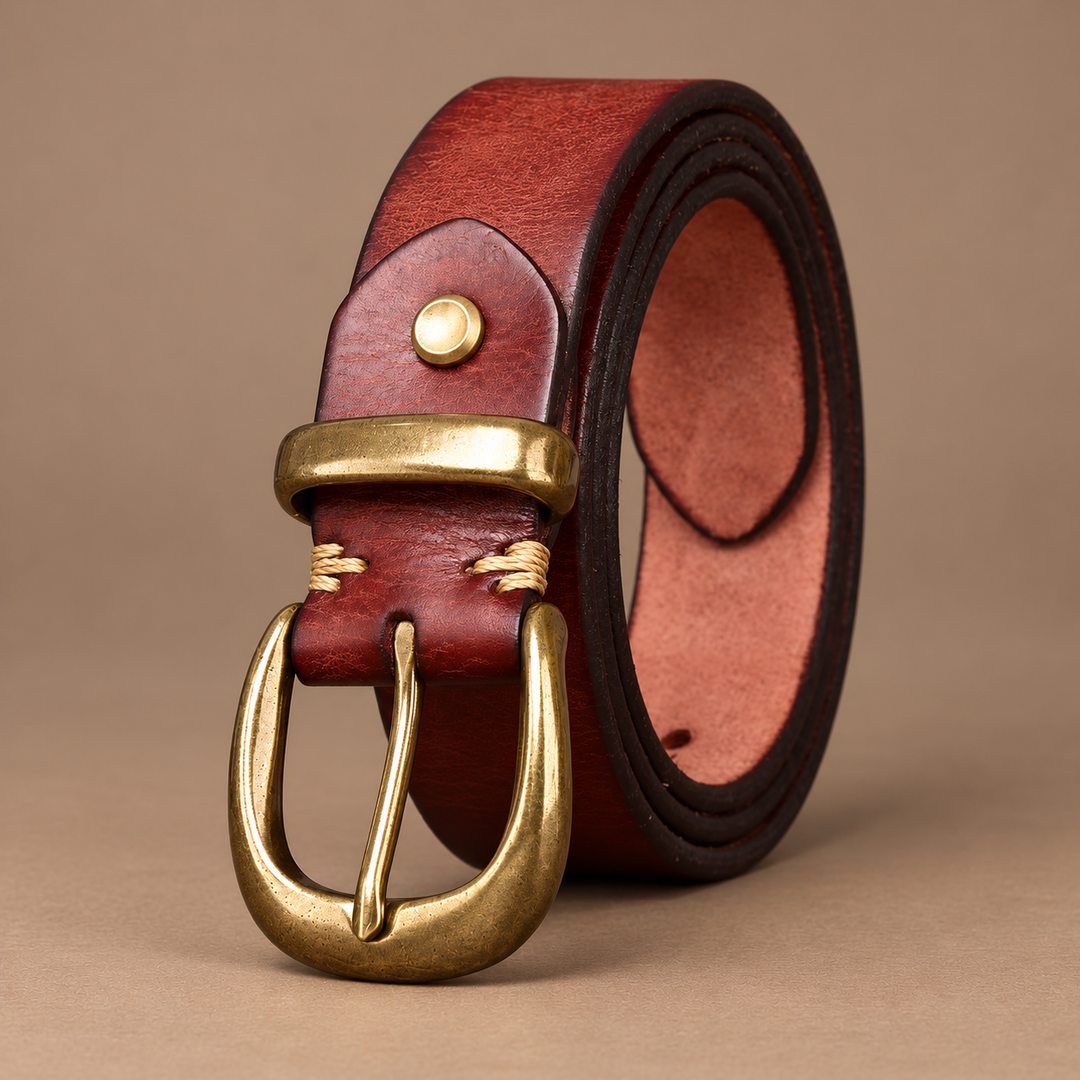 Giovanni Genuine Leather Brass-Buckle Belt in chestnut brown, photographed in a warm taupe studio