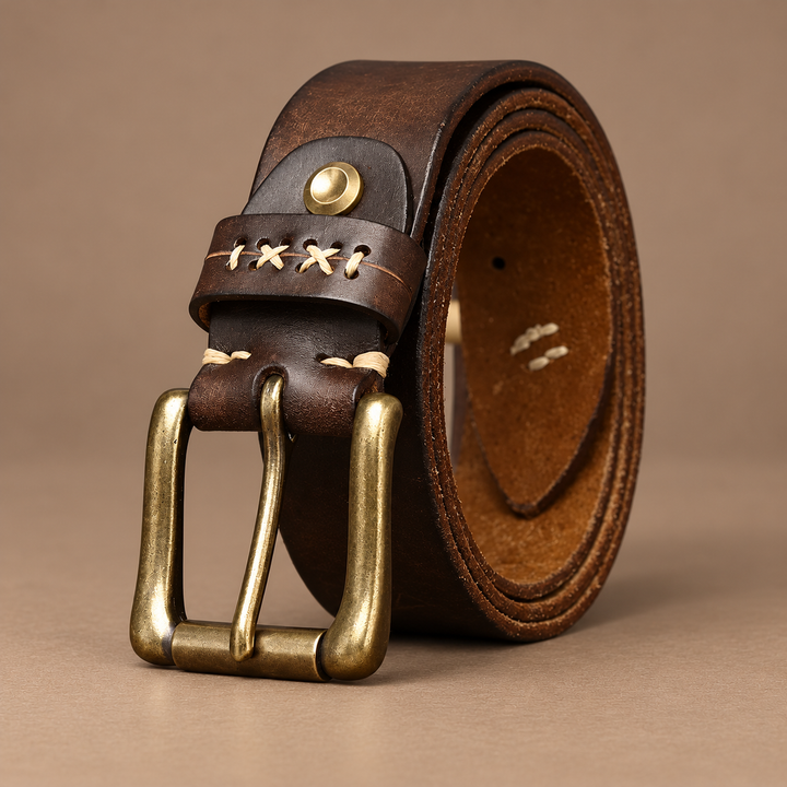Rivetti Genuine Cowhide Leather Belt in dark coffee, photographed in a warm taupe studio