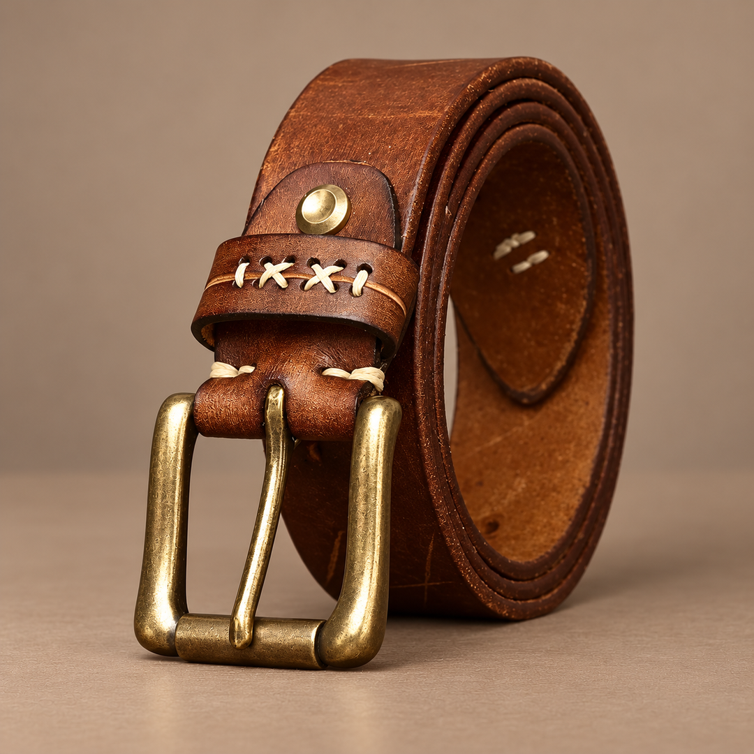 Rivetti Genuine Cowhide Leather Belt in cognac brown, photographed in a warm taupe studio