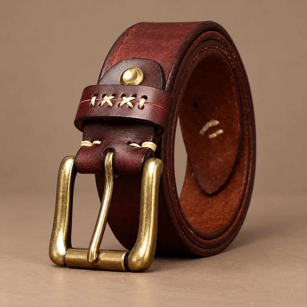 Rivetti Genuine Cowhide Leather Belt in mahogany brown, photographed in a warm taupe studio