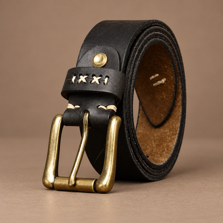 Rivetti Genuine Cowhide Leather Belt in black, photographed in a warm taupe studio