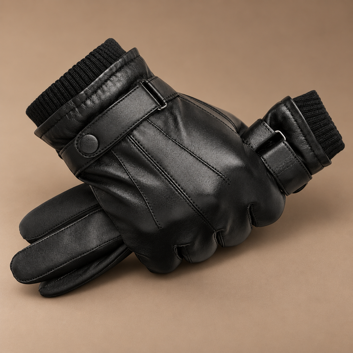 Max Genuine Leather Gloves in wool lining, photographed in a warm taupe studio