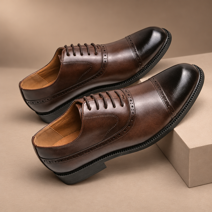 Genuine Leather Lace-Up Shoes in brown, photographed in a warm taupe studio